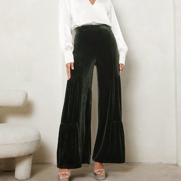 . Pants - Dark Green Casual Womens High Waist Ruffle Hem Velvet Wide Leg Pants